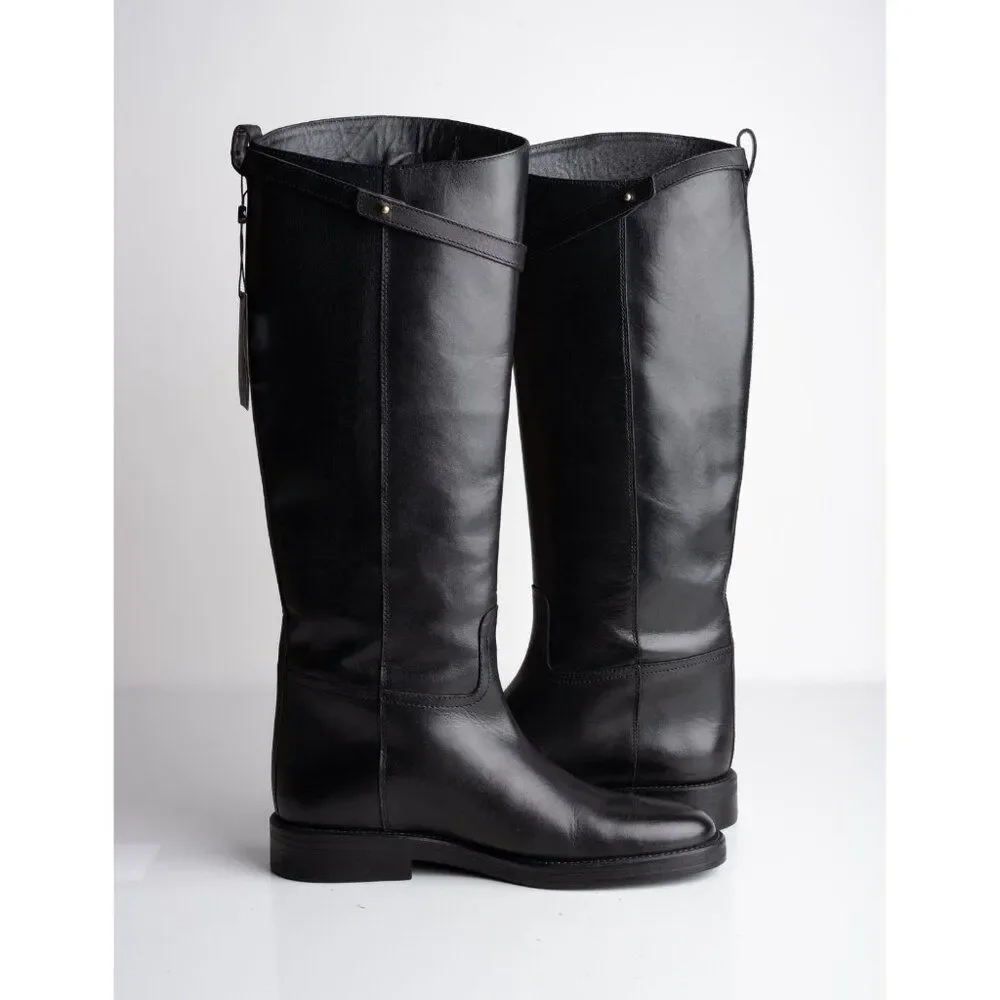 Massimo Dutti Womens Knee High Leather Riding Boots Black US 9 EU 40 NWD